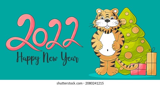 Símbolo de 2022. Tarjeta vectorial con tigre en estilo de dibujar a mano. Año Nuevo. Grabación 2022
