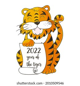 Symbol of 2022. Vector illustration with tiger in hand draw style. New Year 2022. The tiger sits and holds a scroll