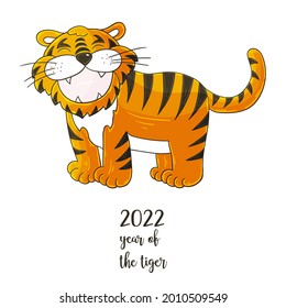 Símbolo de 2022. Ilustración vectorial con tigre en estilo de dibujo manual. Año Nuevo 2022. El tigre está de pie. Animales de dibujos animados para tarjetas, calendarios