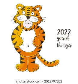 Symbol von 2022. Vektorgrafik mit Tiger in handgezeichneter Schrift. Neujahr 2022. Fröhlicher Tiger, steht und hält sich an seinem Bauch. Cartoon-Tier