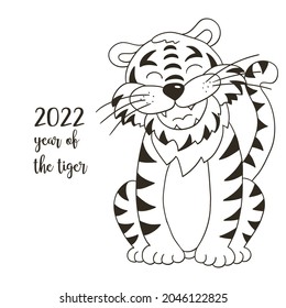 Símbolo de 2022. Ilustración vectorial con tigre en estilo de dibujo manual. El tigre está sentado. Animales de dibujos animados para tarjetas, calendarios