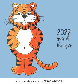 Symbol von 2022. Vektorgrafik mit Tiger in handgezeichneter Schrift. Neujahr 2022. Fröhlicher Tiger