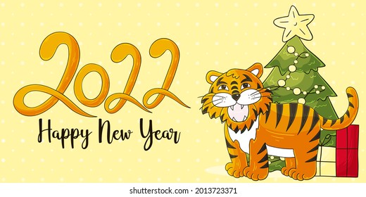 Symbol of 2022. Yellow vector greeting card with a tiger in hand draw style. New Year. Lettering 2022. Cartoon illustration