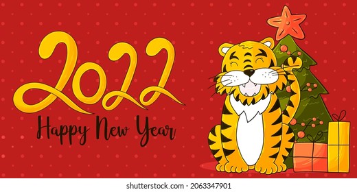 Symbol of 2022. Yellow vector greeting card with a tiger in hand draw style. New Year. Lettering 2022. Cartoon
