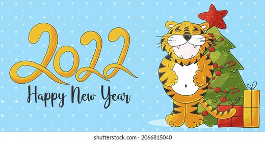 Símbolo de 2022. Tarjeta de saludo vector amarillo con tigre en estilo de dibujar a mano. Grabación 2022