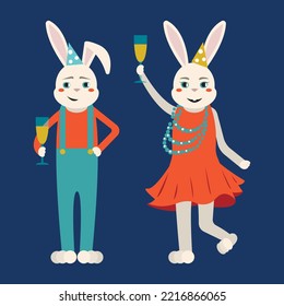 Symbol of 2023. Bunny characters a boy and a girl who drink champagne for the new year. Cheers. New Year celebration. Flat vector illustration isolated on blue background