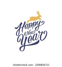 Symbol of 2023 vector silhouette rabbit. Lettering text Happy New Year. Design greeting card for the new year. 