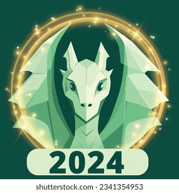 Symbol of 2024 according to the Chinese calendar. Little dragon. Holiday gift. Logo for the delivery of goods or gift wrapping. Marketing. Advertising. Green color palette. Vector graphics.