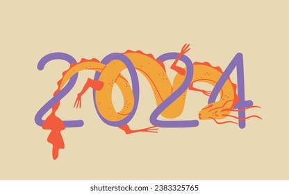 Symbol of 2024 Chinese calendar is dragon. Handwritten numbers 2024 and yellow dragon curling around them. Vector isolated illustration for design.