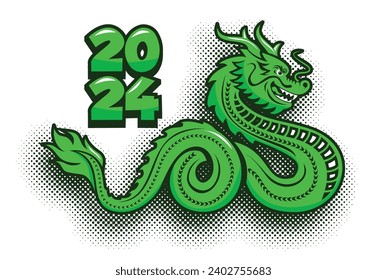 Symbol of 2024 - green wooden dragon. Vector template for greeting card, poster, invitation