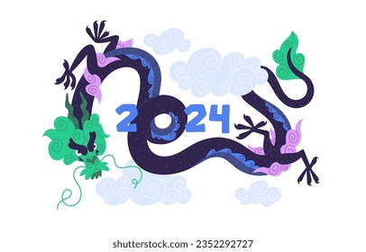 Symbol of 2024 new year concept. Asian zodiac dragon fly, traditional oriental animal, Chinese culture, reptile from ancient legend, mystic beast. Flat isolated vector illustration on white background