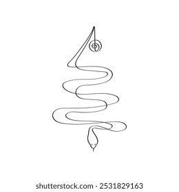 Symbol of 2025. Christmas tree, snake concept drawn by one line. Hand drawn vector illustration.