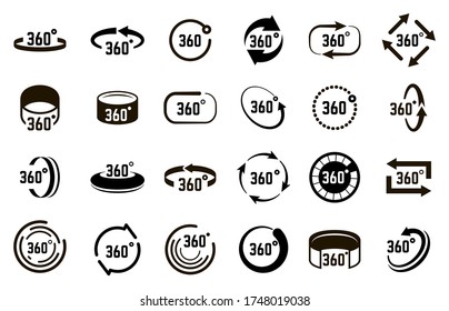 Symbol 360 degrees. Angle 360 degree circle signs, panorama arrows circular elements, circle 360 degrees vector illustration icons set. Rotation 360 rotate, 3d view angle, degree panorama