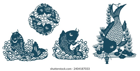 Symbol of Abundance in Eastern Culture. Carp Fish of Asia. Japanese, Chinese Oriental Pattern. Oriental Ornament Elements. Indigo Blue Fish.
