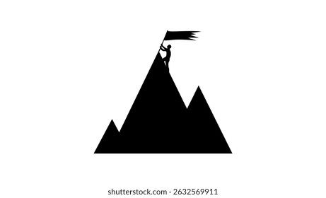 symbol of achievement man standing on top of mountain, black isolated silhouette