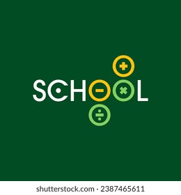 símbolo de adición, sustracción, multiplicación, división y palabra escolar sobre fondo verde
