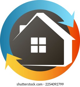 Symbol for air conditioning and home heating. House silhouette and circular arrows. Blue and red arrows