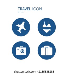Symbol of Airplane, Bikini, Camera and Hand luggage icons on blue circle shape isolated on white background. Travel icons vector illustration.