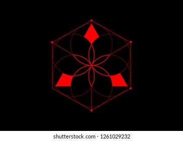 Symbol of alchemy esoteric, red Flower of Life. Sacred geometry, graphic element Vector isolated Illustration or black. Mystic icon platonic solids, abstract geometric drawing, typical crop circles