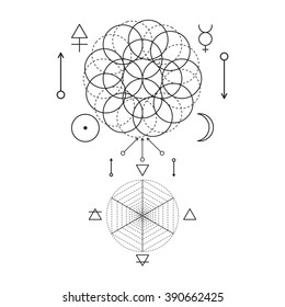 Symbol of alchemy and sacred geometry. Linear character illustration for lines tattoo  on the white isolated background. Three primes: spirit, soul, body and 4 basic elements: Earth, Water, Air, Fire