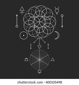 Symbol of alchemy and sacred geometry. Linear character illustration for lines tattoo on the black isolated background. Three primes: spirit, soul, body and 4 basic elements: Earth, Water, Air, Fire