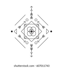 Symbol of alchemy and sacred geometry. Linear character illustration for lines tattoo on the white isolated background