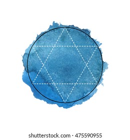 Symbol of alchemy and sacred geometry on the blue watercolor background. Linear character illustration for lines tattoo on the white isolated background.