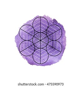 Symbol of alchemy and sacred geometry on the violet watercolor background. Linear character illustration for lines tattoo on the white isolated background.
