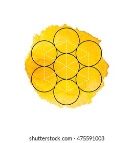 Symbol of alchemy and sacred geometry on the yellow watercolor background. Linear character illustration for lines tattoo on the white isolated background.