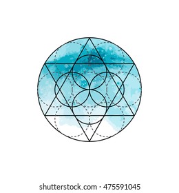 Symbol of alchemy and sacred geometry on the blue watercolor background. Linear character illustration for lines tattoo on the white isolated background.