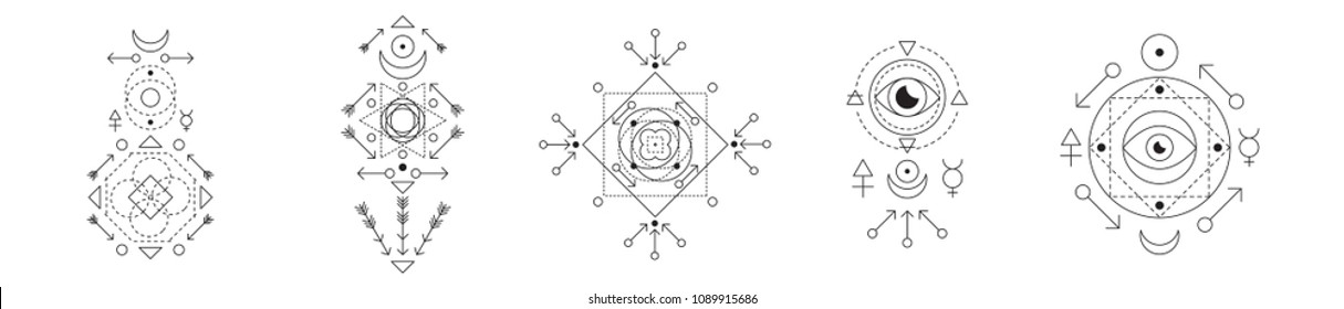 Symbol of alchemy and sacred geometry set. Linear character illustration collection for lines tattoo on the white isolated background.