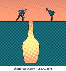 The symbol of alcoholism. Bottle of wine. Pit silhouette. Pop art retro vector illustration 50s 60s style