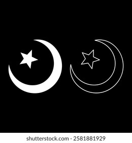 Symbol Alem Islam Halfmoon Arabic moon and star set icon white color vector illustration image solid fill outline contour line thin flat style