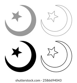 Symbol Alem Islam Halfmoon Arabic moon and star set icon grey black color vector illustration image solid fill outline contour line thin flat style