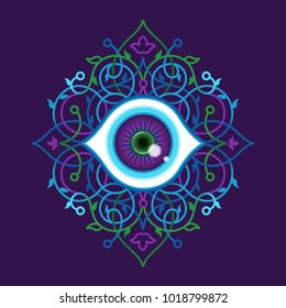 Symbol of all seeing eye with floral ornament for flat design template. Psychedelic illustration for t-shirt print design, cover, poster, flyer.Vector decor. Eastern style acid element. Arabic motifs.