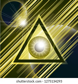 The symbol of the all-seeing eye of God. Modern creative design on the background of the planets. Vector illustration