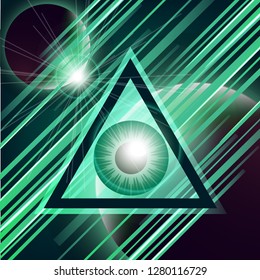 The symbol of the all-seeing eye of God. Modern creative design on the background of the planets. Vector illustration