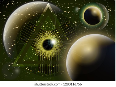 The symbol of the all-seeing eye of God. Modern creative design on the background of the planets. Vector illustration
