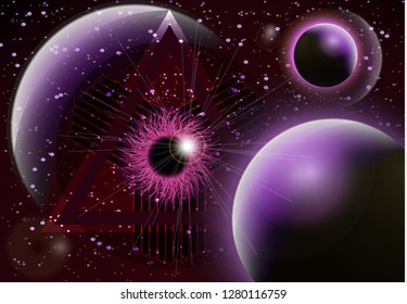 The symbol of the all-seeing eye of God. Modern creative design on the background of the planets. Vector illustration