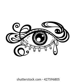 Symbol of all-seeing eye isolated on white. Hand drawn vintage style decorative element. Vector illustration for t-shirt print, label, poster, emblem, logo. Alchemy, spirituality, occultism, textile. 