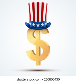 Symbol of the American dollar in Uncle Sam hat. Vector Illustration.