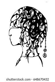 symbol American Indian in profile,feathers ,ink