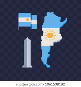 Symbol of Argentina pixel art icon obelisk in downtown Buenos Aires, national flag on stick and in the form of country, isolated vector illustration. 8-bit sprite. Design stickers, logo, mobile app.