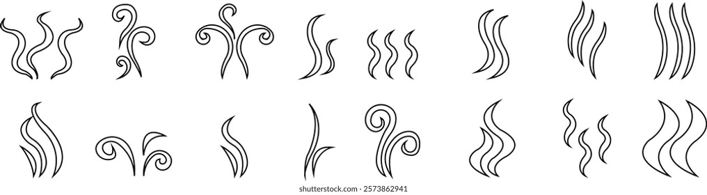 Symbol of aromas vector icon set, Smell aroma sign. Hot vapor Doodle Wavy Smoke lines symbol sketch style hand drawn isolated on transparent background used for hot tea, coffee, mobile apps, ui design