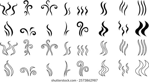 Symbol of aromas vector icon set, Smell aroma sign. Hot vapor Doodle Wavy Smoke lines symbol sketch style hand drawn isolated on transparent background used for hot tea, coffee, mobile apps, ui design