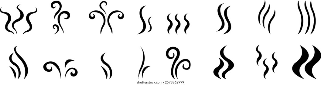 Symbol of aromas vector icon set, Smell aroma sign. Hot vapor Doodle Wavy Smoke lines symbol sketch style hand drawn isolated on transparent background used for hot tea, coffee, mobile apps, ui design