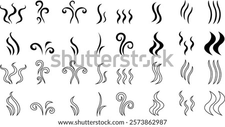 Symbol of aromas vector icon set, Smell aroma sign. Hot vapor Doodle Wavy Smoke lines symbol sketch style hand drawn isolated on transparent background used for hot tea, coffee, mobile apps, ui design