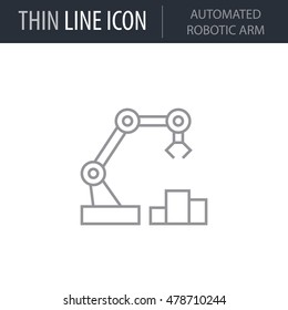 Symbol of Automated Robotic Arm Thin line Icon of Future Technology. Stroke Pictogram Graphic for Web Design. Quality Outline Vector Symbol Concept. Premium Mono Linear Beautiful Plain Laconic Logo.