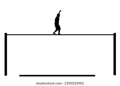 Symbol for balance: A tightrope walker is balancing on a rope high up.  Isolated on a white background.