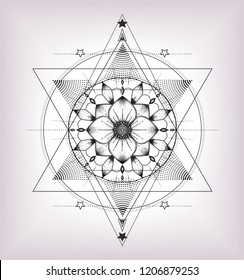 Symbol balance.Geometric pattern and hand drawn mandala.Indian symbol of harmony.Logo yoga.Can be used for sketch for tattoo art,print t shirt,coloring book,maditation.Line art.Anti stress book.